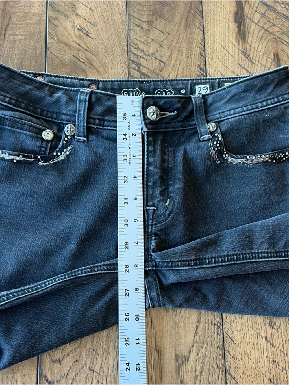 Miss Me Skinny Bling Jeans Women’s 29 Low Rise Faded Black Stretch 30” Inseam - Picture 11 of 14